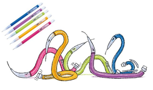 [ID: Art of five mechanical pencils with eyes, moving, coiling, and slithering like snakes. They are pink, orange, green, purple, and blue. The reference image of Bic mechanical pencils is in the top left. The background is plain. End ID]