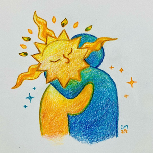 Colored pencil drawing of two simple figures embracing tenderly. One is a person in blue and the other is a figure in yellow with a radiant, sun-shaped head.