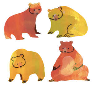 Four bear stickers. A brown bear standing, a gold bear sitting, a gold bear standing, and a brown bear sitting.)